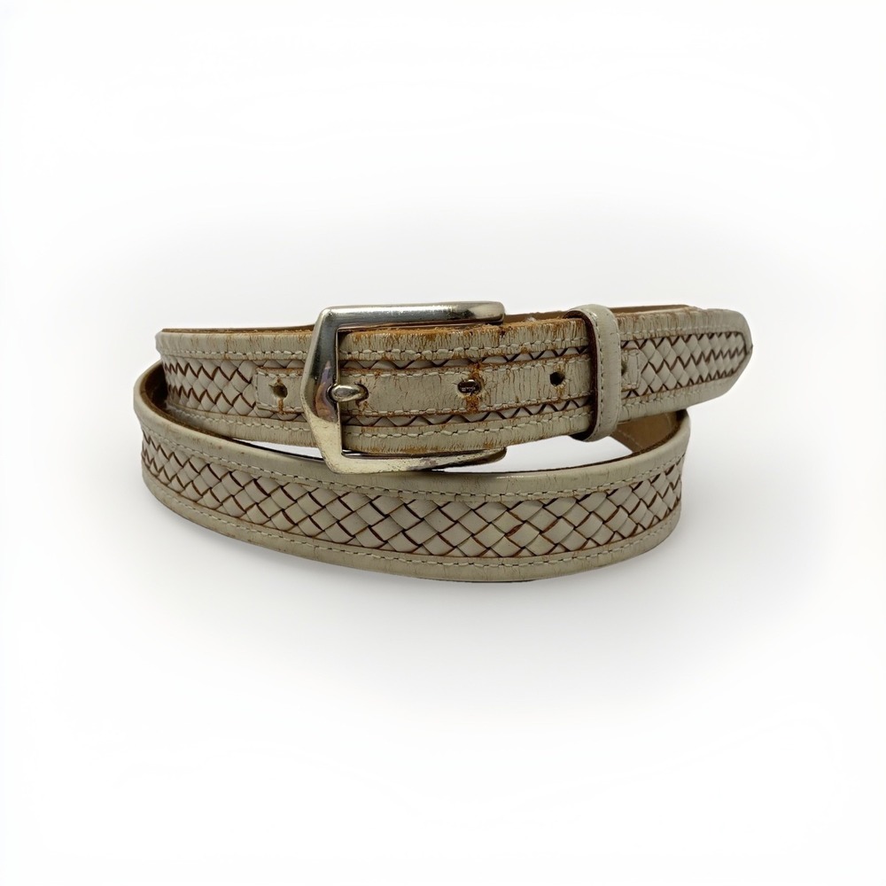 Vtg Johnston & Murphy Belt Mens 44‎ Italian Kipskin Braided Cream Brass Buckle